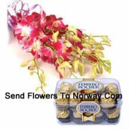 Boeket roze orchideeën met seizoensgebonden vullers samen met 16 stuks Ferrero Rochers