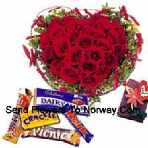 Arreglo en forma de corazón de 41 rosas rojas, chocolates variados y una tarjeta de felicitación gratis