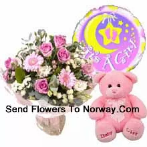 Ramo de flores variadas en tonos rosados, un osito de peluche rosa y un globo de niña